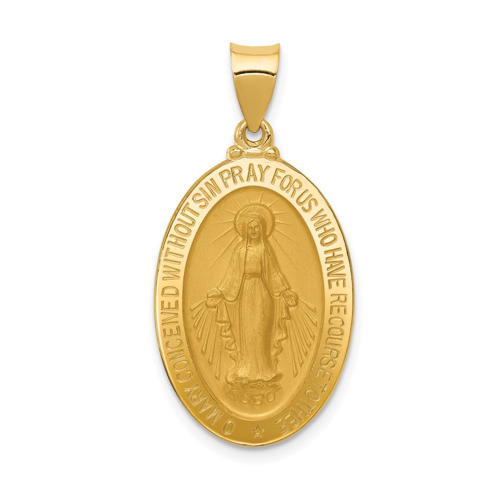 14k Yellow Gold Hollow Oval Satin Miraculous Medal Pendant, 15 x 32mm, Item P27903 by The Black Bow Jewelry Co.