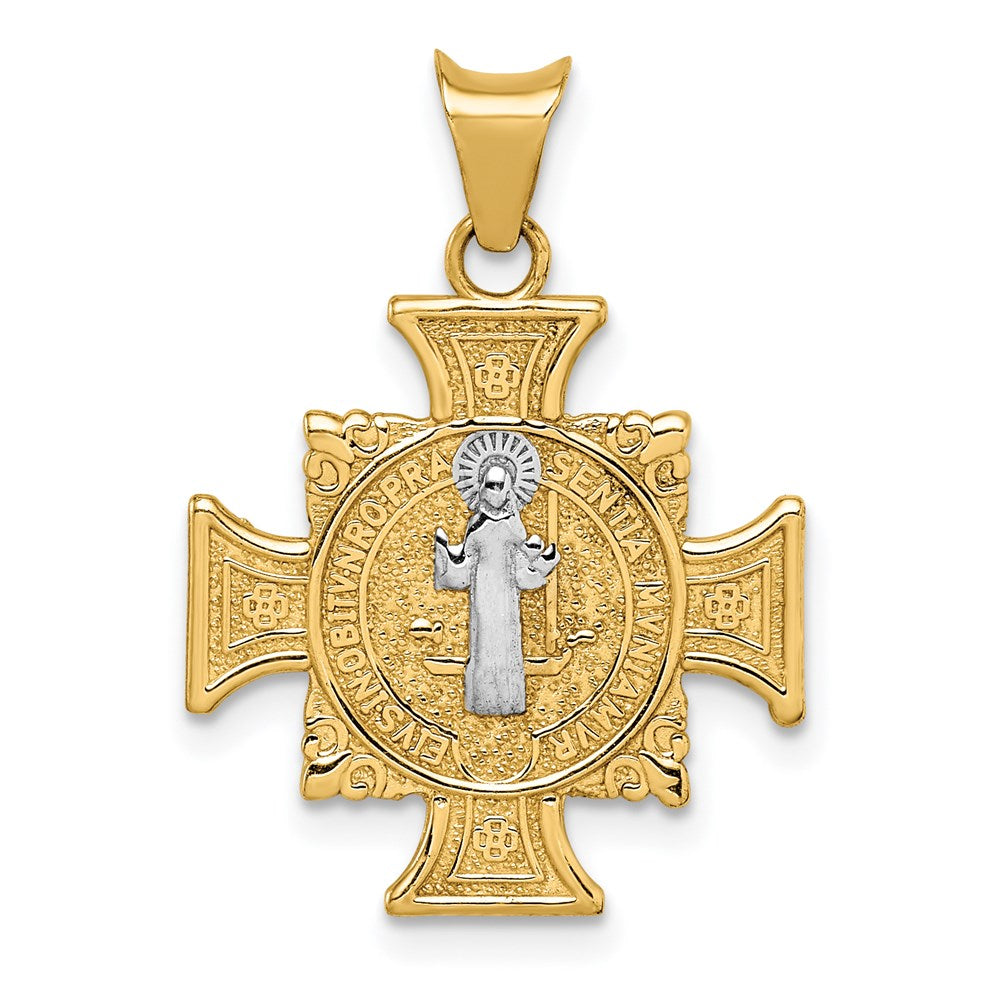 14k Yellow Gold & Rhodium Hollow St. Benedict Cross Pendant, 17 x 25mm, Item P27914 by The Black Bow Jewelry Co.