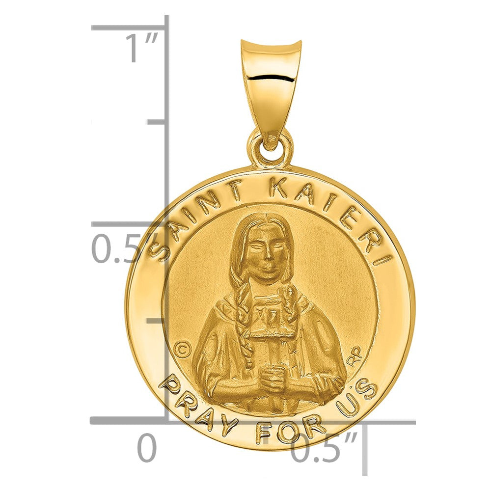 Alternate view of the 14k Yellow Gold Hollow St. Kateri Medal Pendant, 19mm (3/4 Inch) by The Black Bow Jewelry Co.