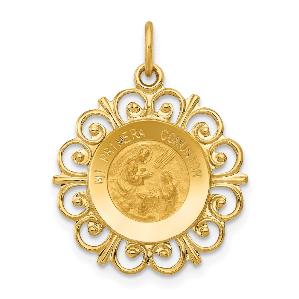 14k Yellow Gold Filigree Mi Primera Comunion Medal Pendant, 18mm, Item P27937 by The Black Bow Jewelry Co.