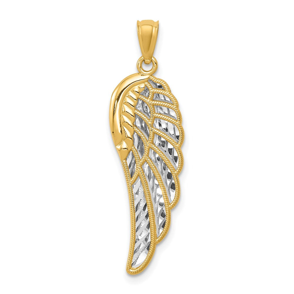 14k Yellow Gold & Rhodium 2D Diamond-Cut Angel Wing Pendant, 10 x 33mm, Item P27941 by The Black Bow Jewelry Co.