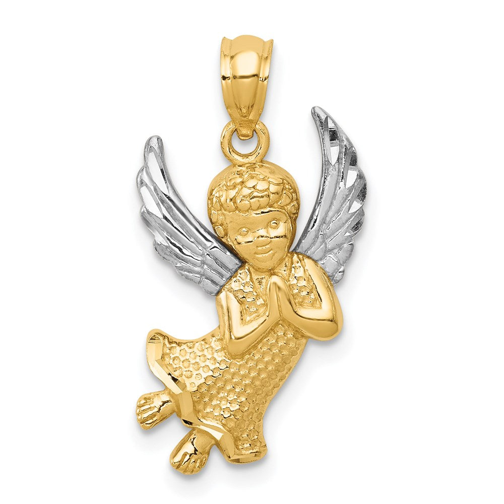 14k Yellow Gold & Rhodium Diamond-Cut Praying Angel Pendant, 13 x 25mm, Item P27944 by The Black Bow Jewelry Co.