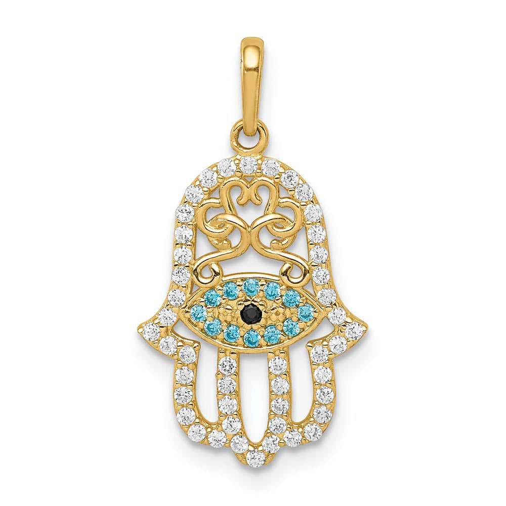 14k Yellow Gold & Multi-Colored CZ Hamsa Pendant, 12 x 23mm, Item P27950 by The Black Bow Jewelry Co.