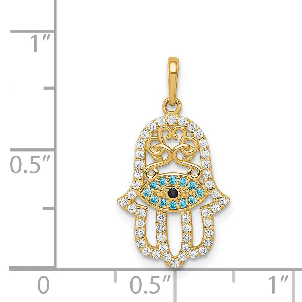 Alternate view of the 14k Yellow Gold & Multi-Colored CZ Hamsa Pendant, 12 x 23mm by The Black Bow Jewelry Co.