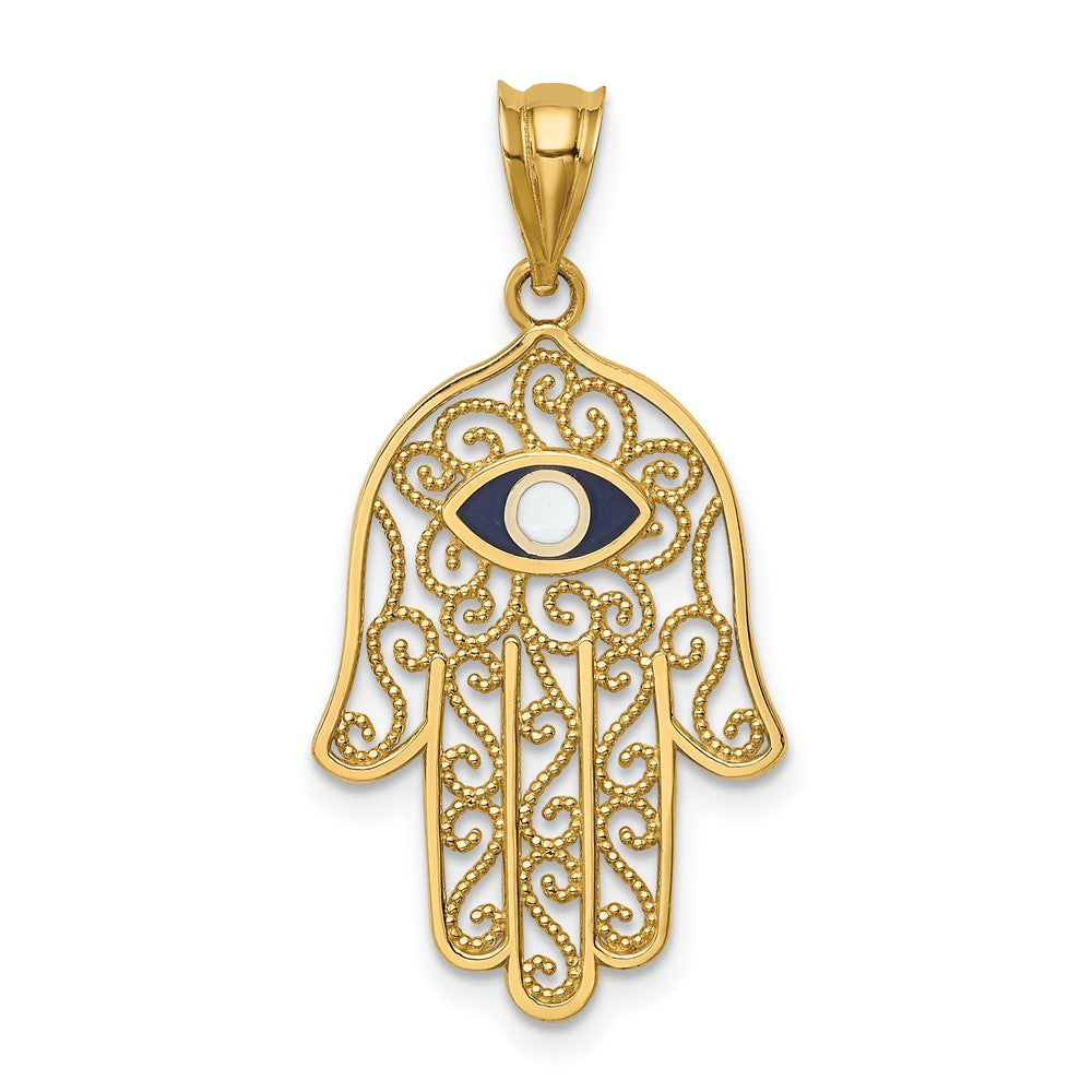 14k Yellow Gold and Enameled Filigree Hamsa Pendant, 15 x 30mm, Item P27951 by The Black Bow Jewelry Co.