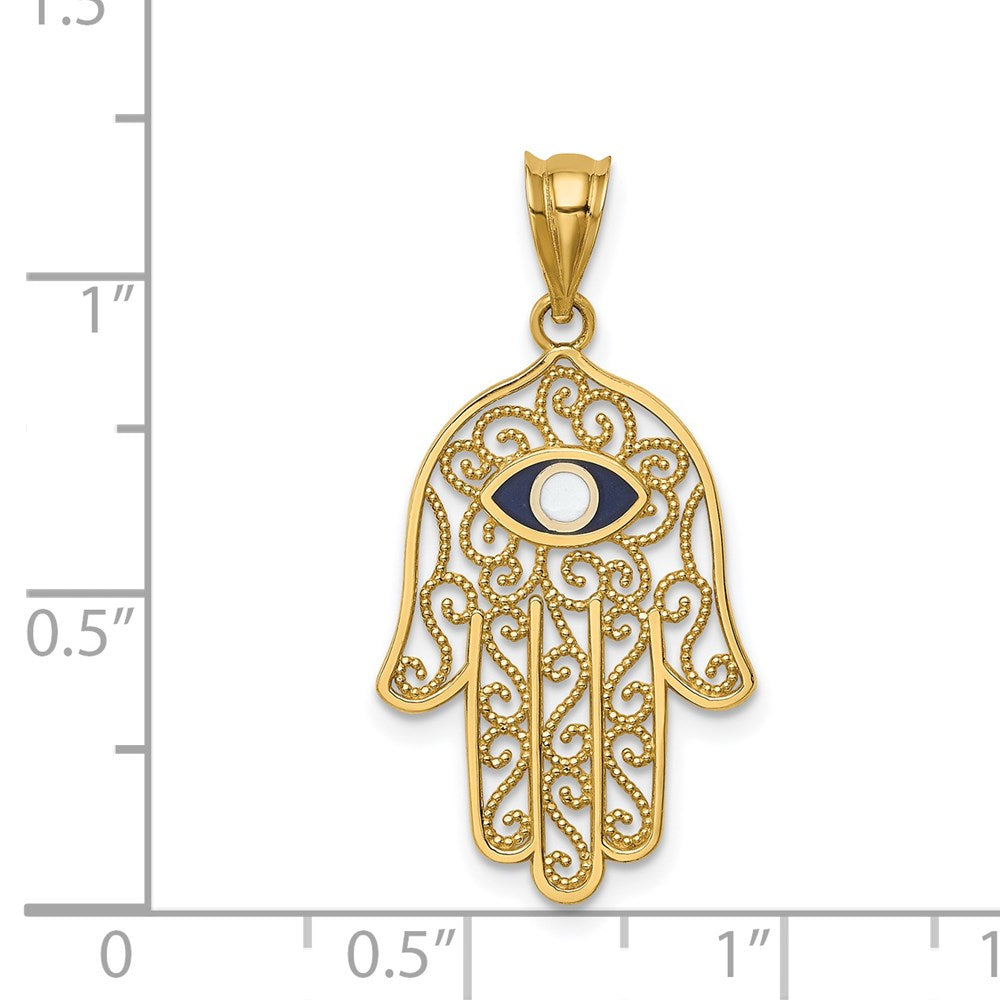 Alternate view of the 14k Yellow Gold and Enameled Filigree Hamsa Pendant, 15 x 30mm by The Black Bow Jewelry Co.