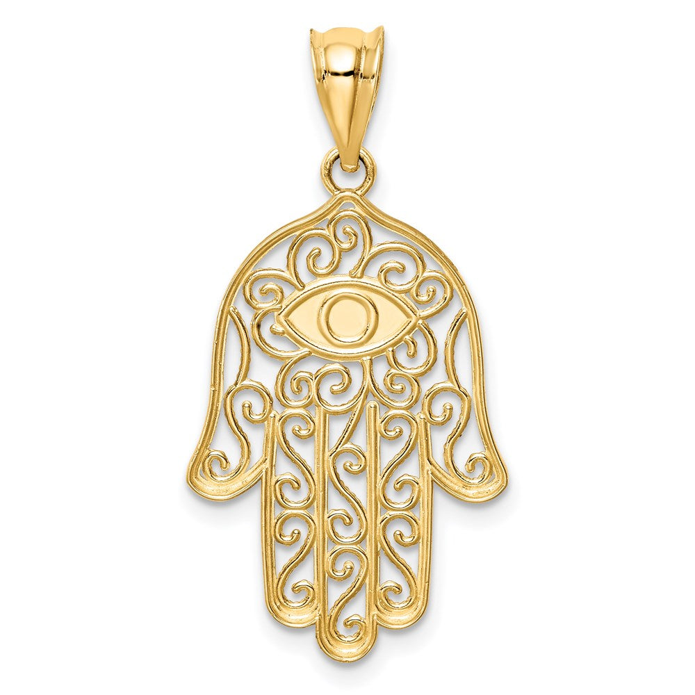 Alternate view of the 14k Yellow Gold and Enameled Filigree Hamsa Pendant, 15 x 30mm by The Black Bow Jewelry Co.