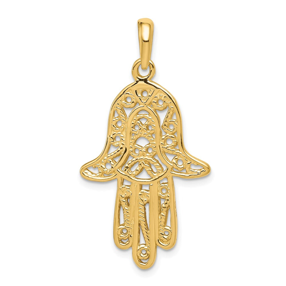 14k Yellow Gold Large Filigree Chamseh Pendant, 21 x 40mm, Item P27953 by The Black Bow Jewelry Co.