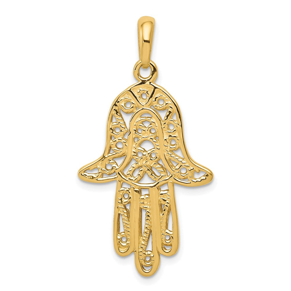 Alternate view of the 14k Yellow Gold Large Filigree Chamseh Pendant, 21 x 40mm by The Black Bow Jewelry Co.