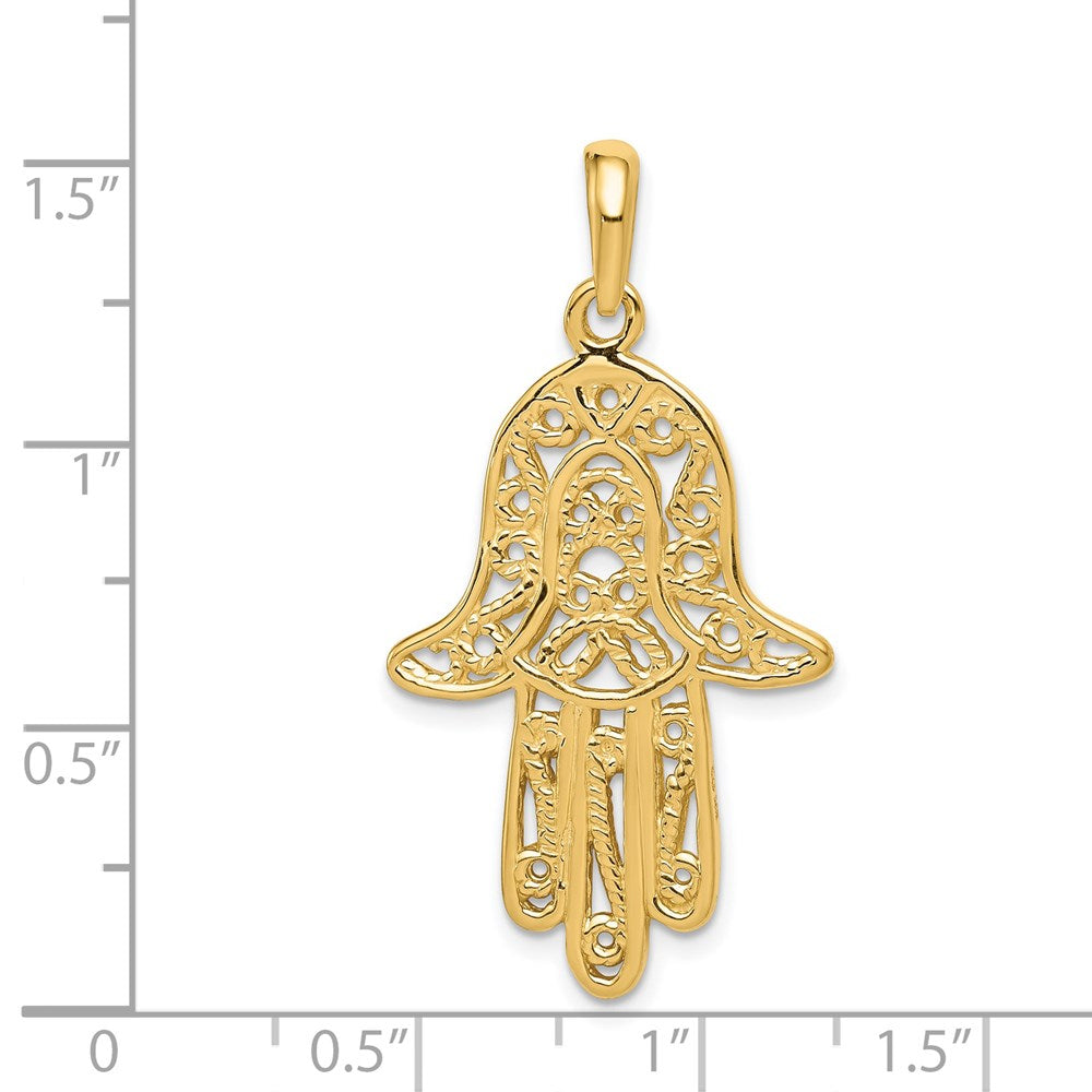 Alternate view of the 14k Yellow Gold Large Filigree Chamseh Pendant, 21 x 40mm by The Black Bow Jewelry Co.
