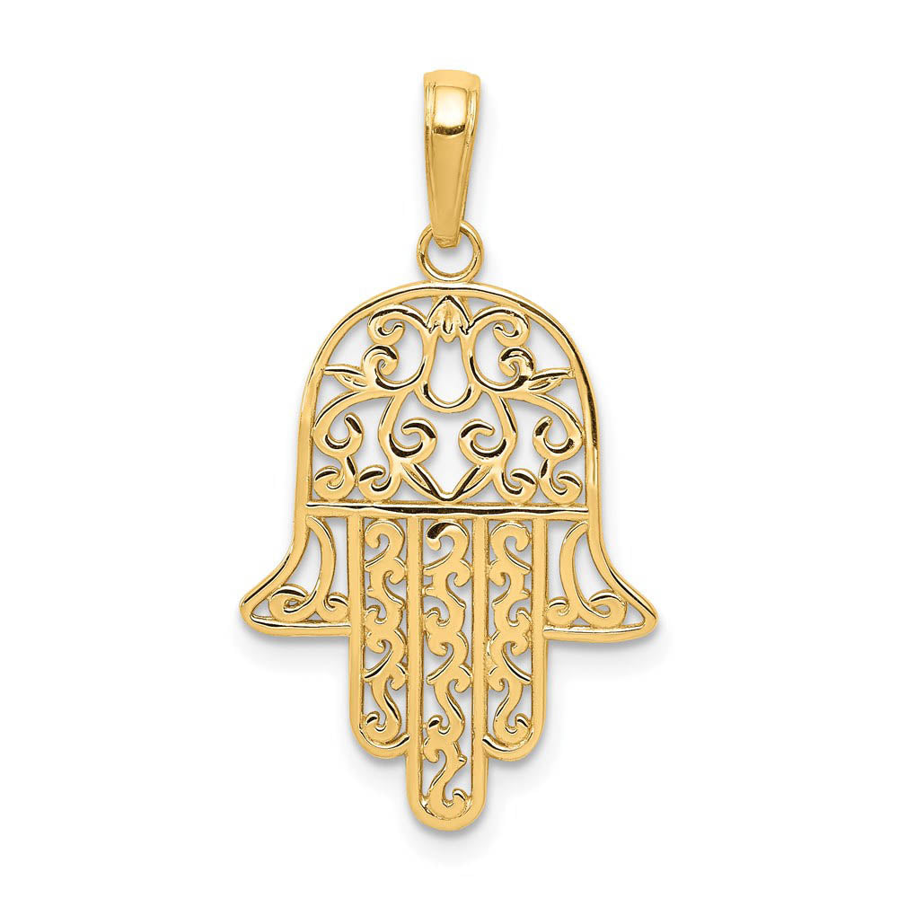 14k Yellow Gold Polished Filigree Chamseh Pendant, 17 x 30mm, Item P27955 by The Black Bow Jewelry Co.
