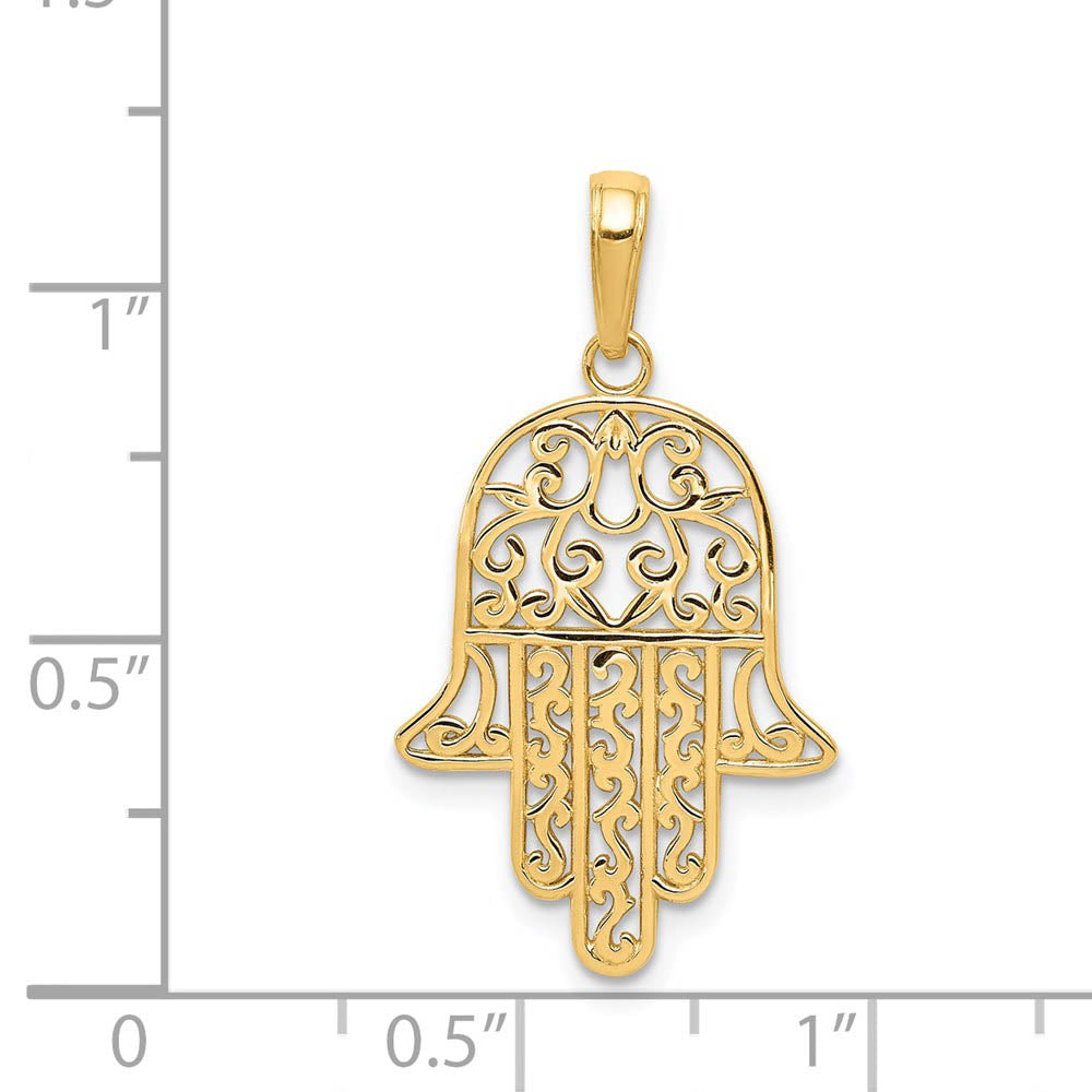 Alternate view of the 14k Yellow Gold Polished Filigree Chamseh Pendant, 17 x 30mm by The Black Bow Jewelry Co.