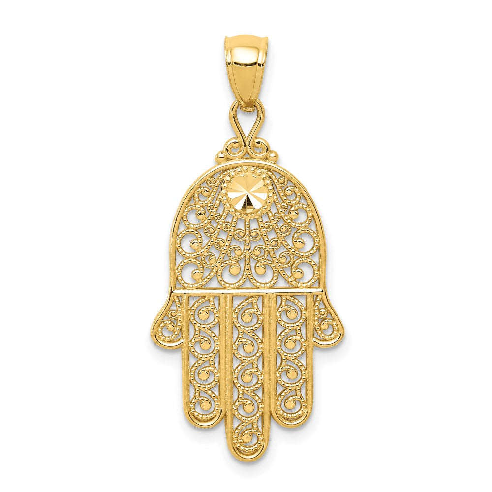14k Yellow Gold Diamond-Cut Filigree Hamsa Pendant, 16 x 36mm, Item P27956 by The Black Bow Jewelry Co.