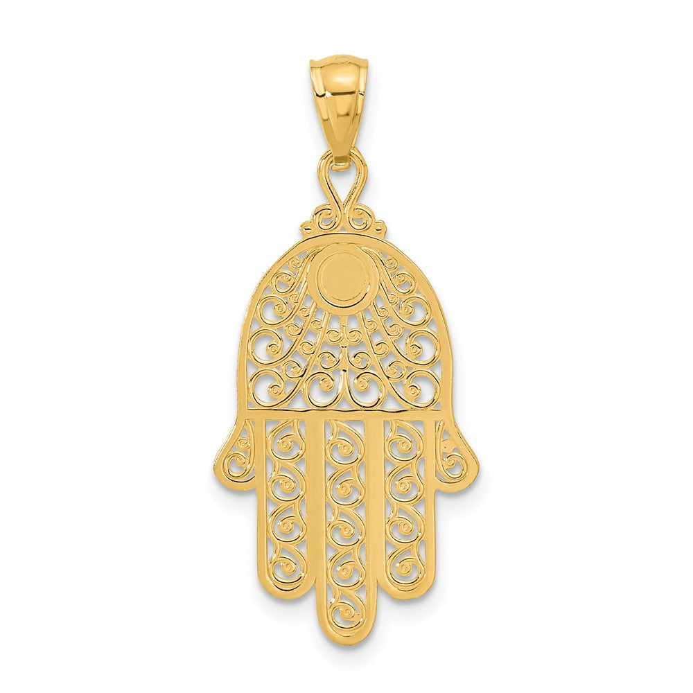 Alternate view of the 14k Yellow Gold Diamond-Cut Filigree Hamsa Pendant, 16 x 36mm by The Black Bow Jewelry Co.