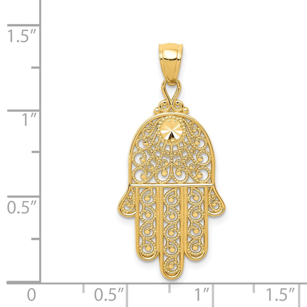 Alternate view of the 14k Yellow Gold Diamond-Cut Filigree Hamsa Pendant, 16 x 36mm by The Black Bow Jewelry Co.