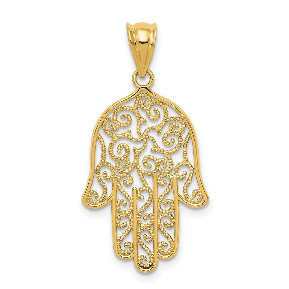 14k Yellow Gold Filigree Hamsa Pendant, 16 x 31mm, Item P27957 by The Black Bow Jewelry Co.