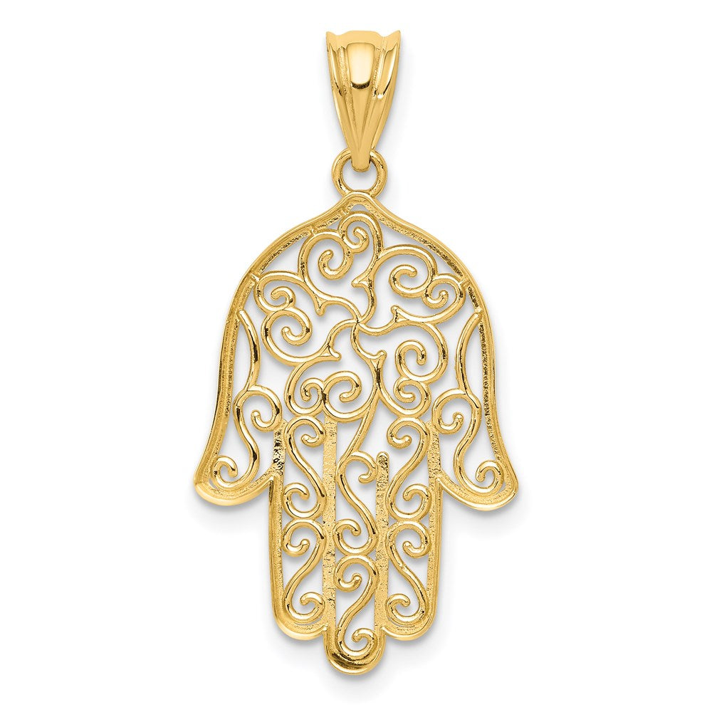 Alternate view of the 14k Yellow Gold Filigree Hamsa Pendant, 16 x 31mm by The Black Bow Jewelry Co.