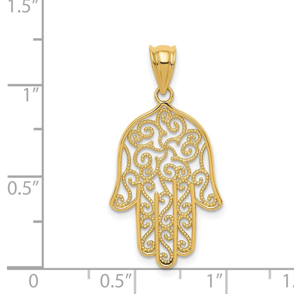 Alternate view of the 14k Yellow Gold Filigree Hamsa Pendant, 16 x 31mm by The Black Bow Jewelry Co.