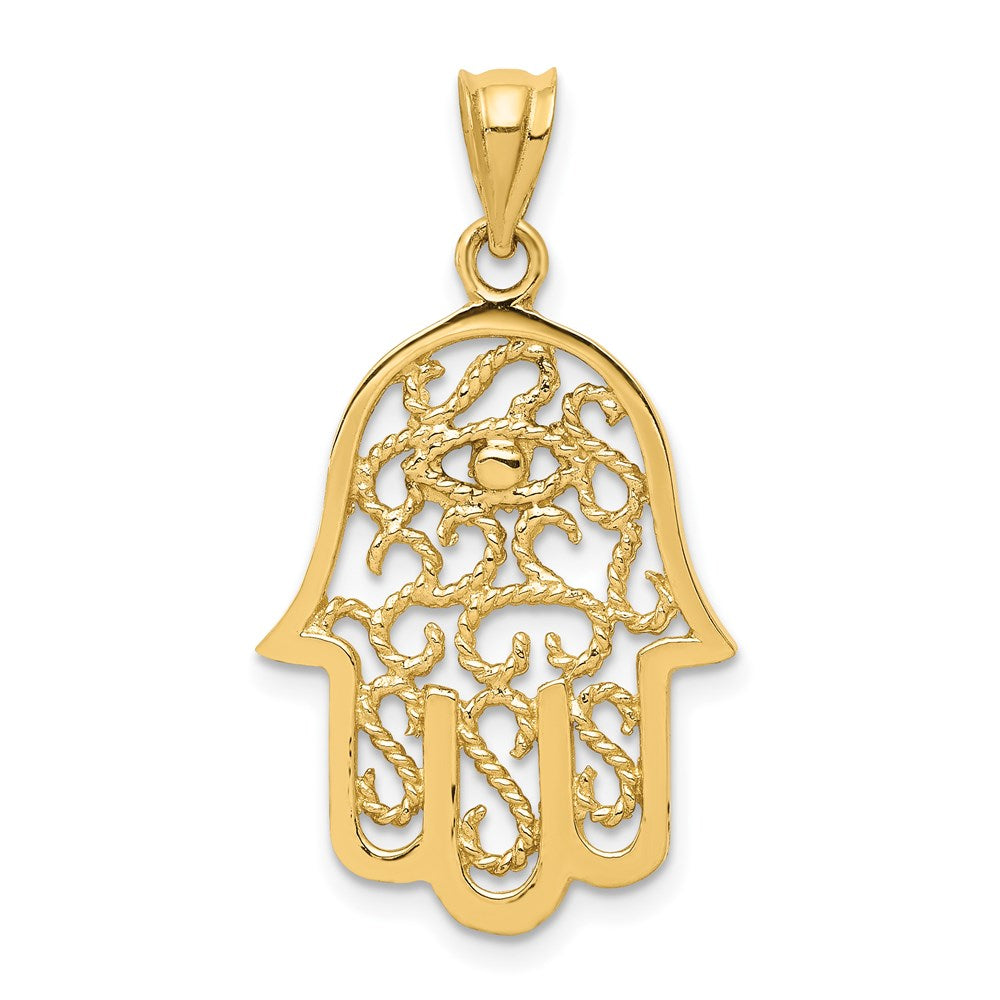 14k Yellow Gold Polished Filigree Hamsa Pendant, 17 x 31mm, Item P27960 by The Black Bow Jewelry Co.