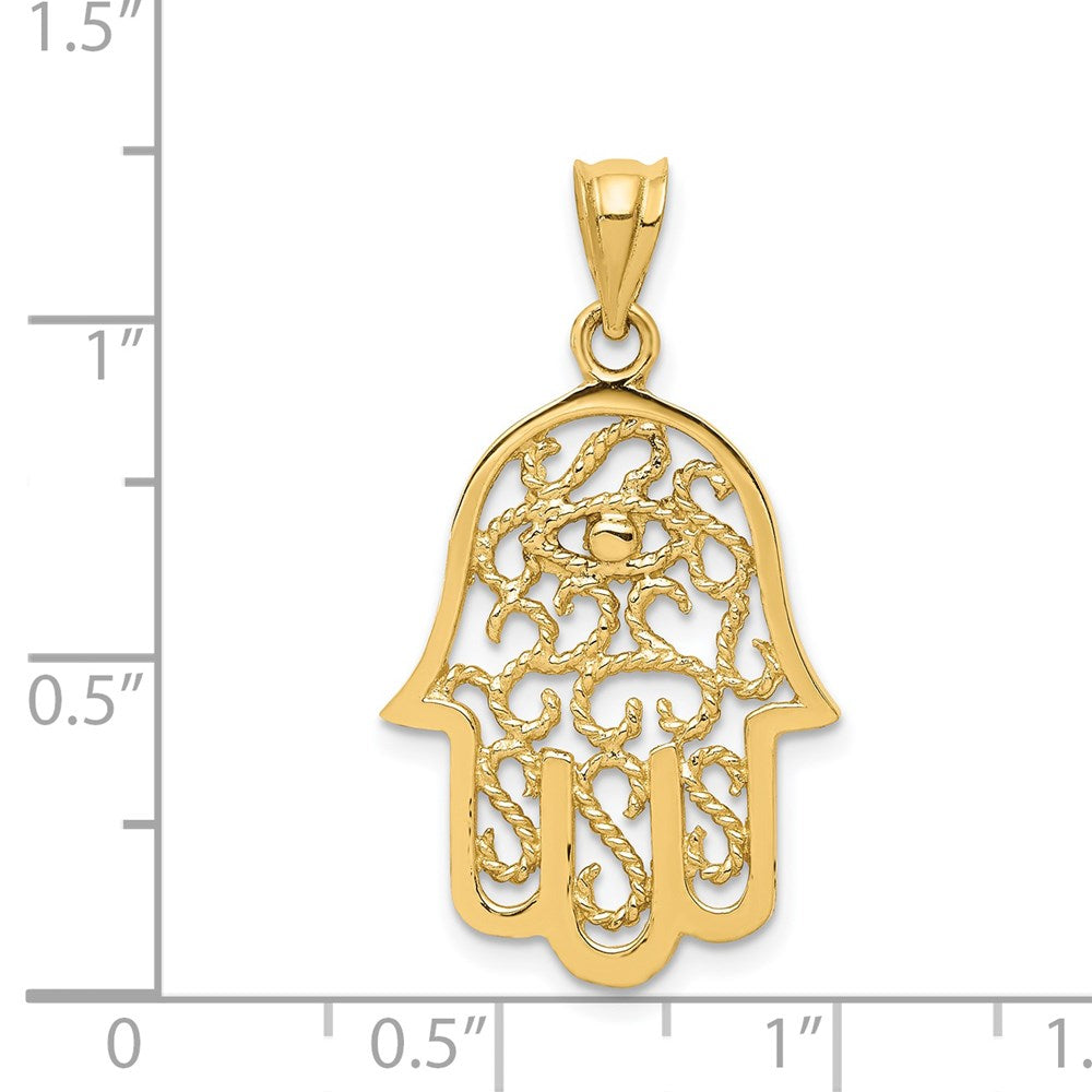 Alternate view of the 14k Yellow Gold Polished Filigree Hamsa Pendant, 17 x 31mm by The Black Bow Jewelry Co.