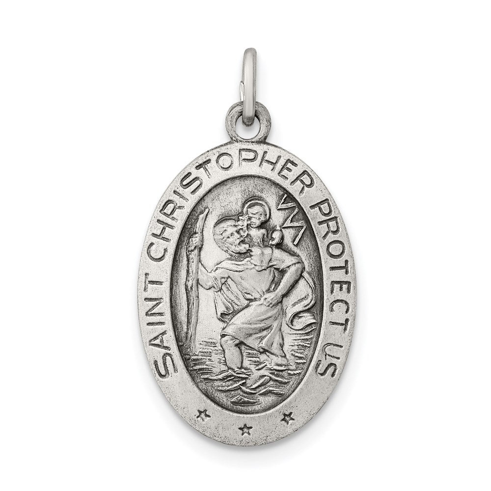 Sterling Silver Satin & Antiqued Oval St. Christopher Medal, 13 x 25mm, Item P27967 by The Black Bow Jewelry Co.