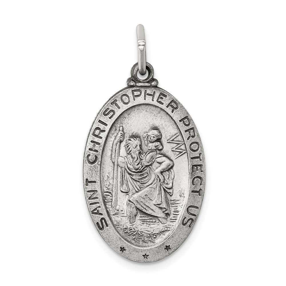 Sterling Silver Antiqued Oval St. Christopher Medal Pendant, 16 x 32mm, Item P27968 by The Black Bow Jewelry Co.