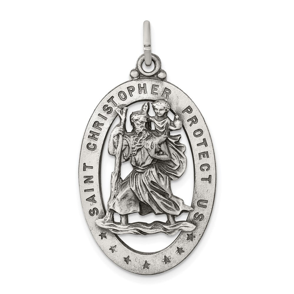 Sterling Silver Antiqued Oval St. Christopher Medal Pendant, 20 x 36mm, Item P27970 by The Black Bow Jewelry Co.