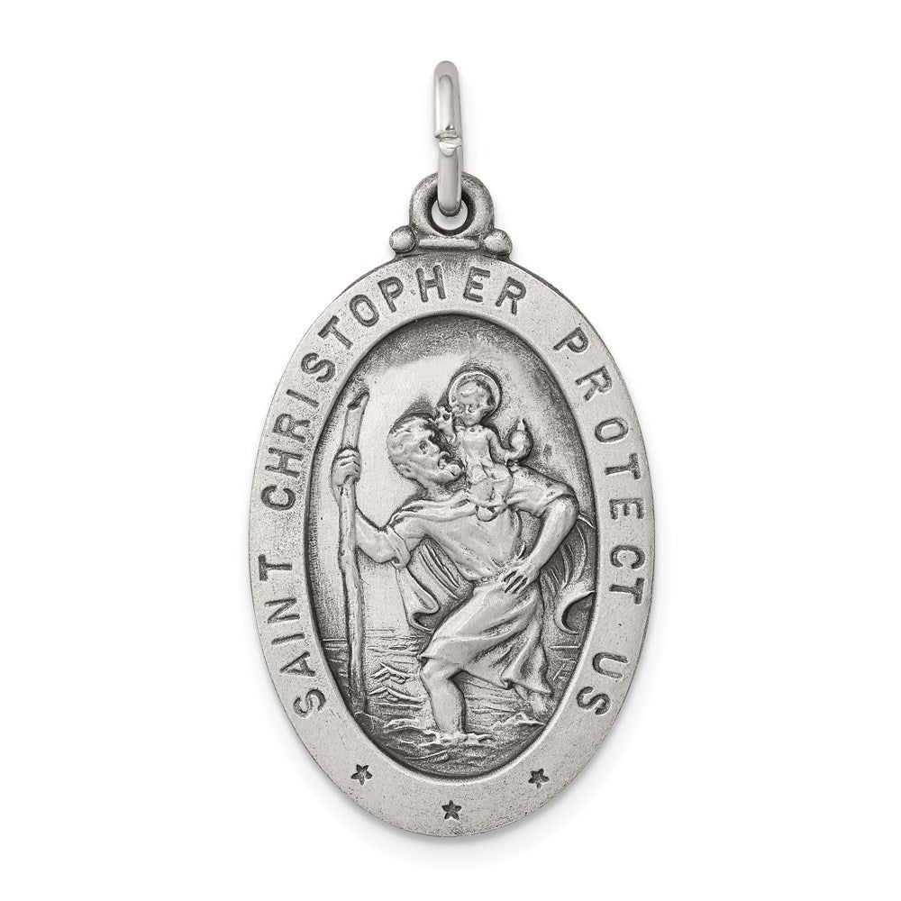 Sterling Silver Antiqued St. Christopher Medal Pendant, 17 x 34mm, Item P27971 by The Black Bow Jewelry Co.