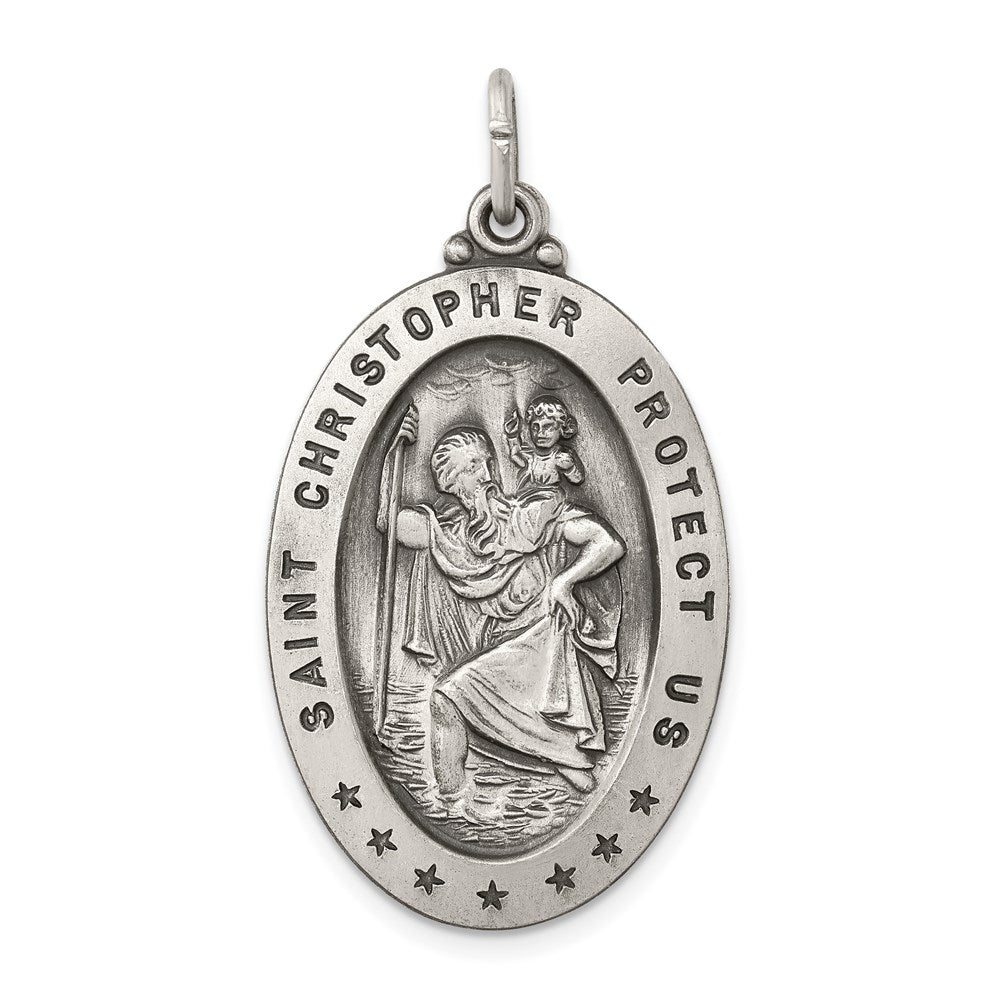 Sterling Silver Antiqued St. Christopher Medal Pendant, 20 x 37mm, Item P27972 by The Black Bow Jewelry Co.