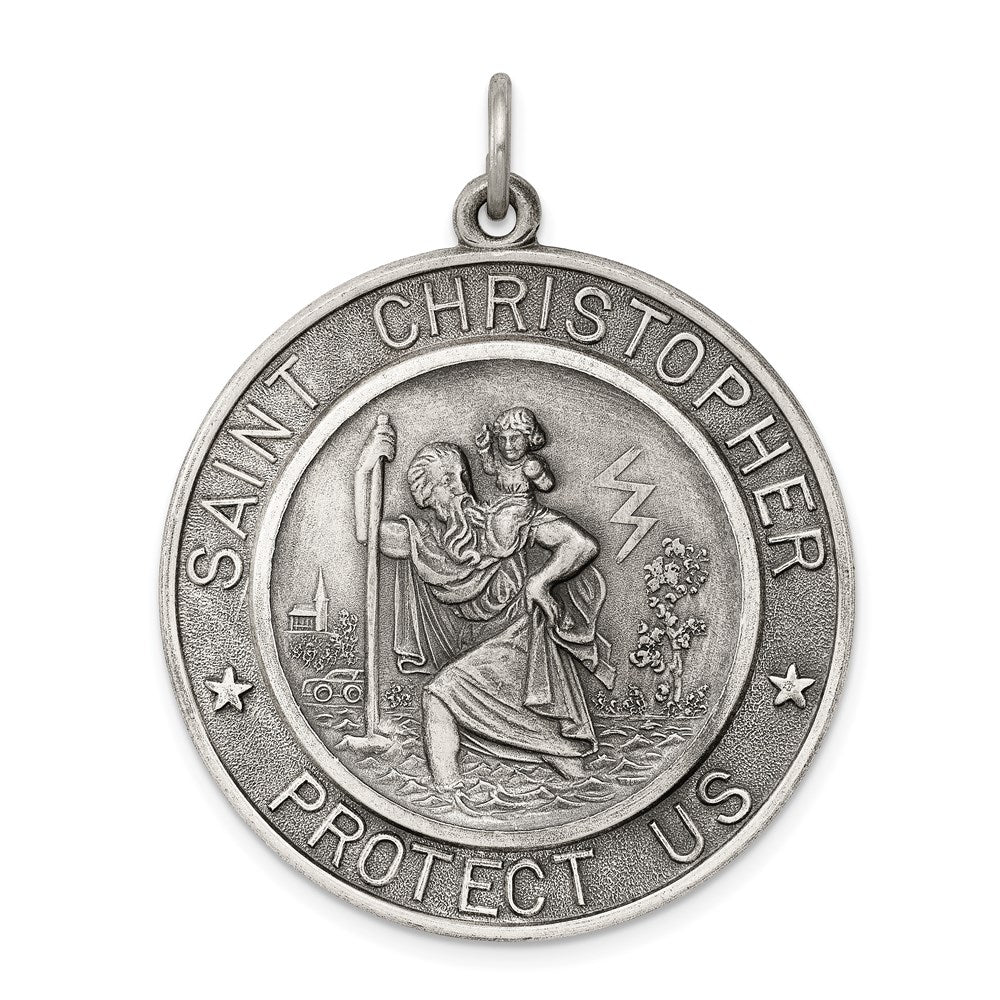 Men's Sterling Silver Large Round St. Christopher Medal Pendant, 32mm, Item P27973 by The Black Bow Jewelry Co.