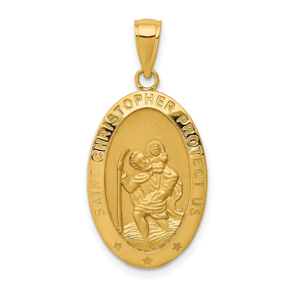 14k Yellow Gold Satin Oval St Christopher Medal Pendant, 14 x 30mm, Item P27984 by The Black Bow Jewelry Co.