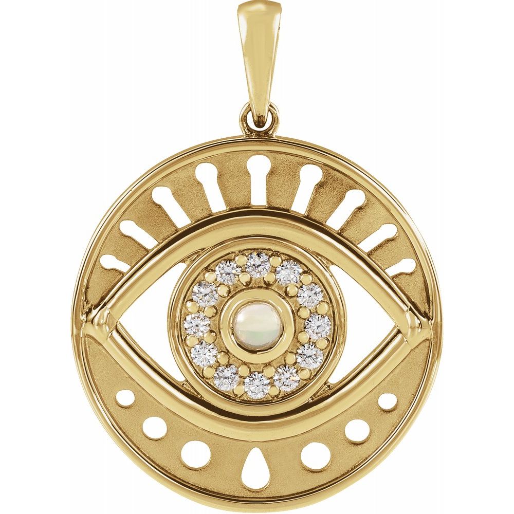 Alternate view of the 14k Gold Ethiopian Opal & 1/5 Ctw Diamond Evil Eye Pendant, 20mm by The Black Bow Jewelry Co.