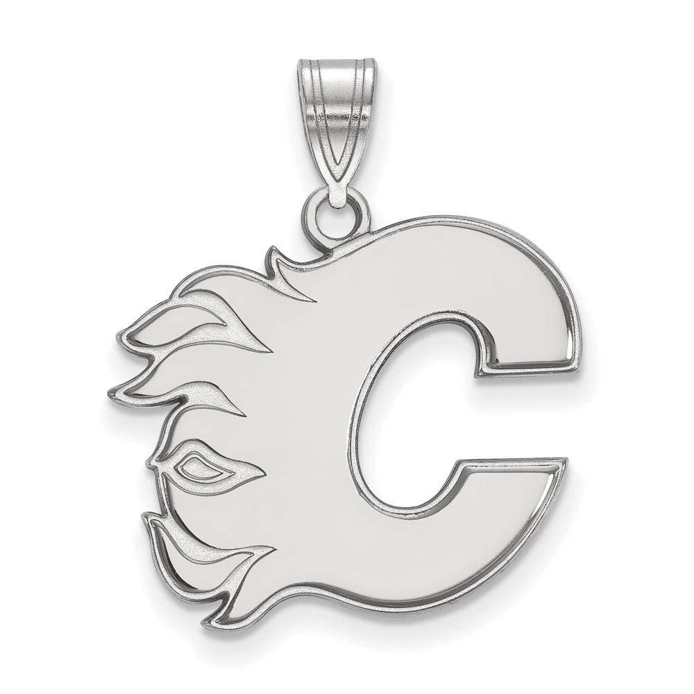 10k White Gold NHL Calgary Flames Large Pendant, Item P29659 by The Black Bow Jewelry Co.