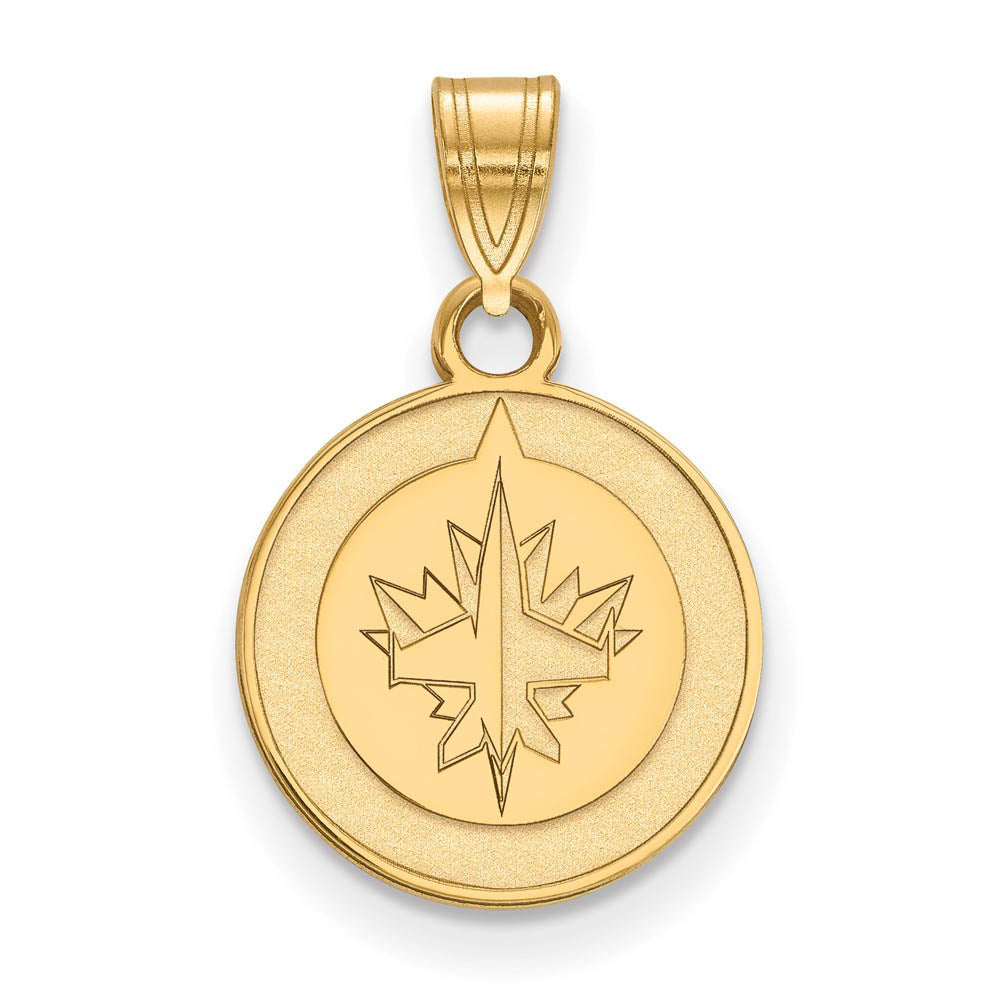 SS 14k Yellow Gold Plated NHL Winnipeg Jets Small Disc Pendant, Item P30080 by The Black Bow Jewelry Co.