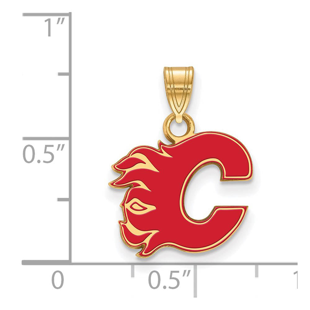 Alternate view of the SS 14k Yellow Gold Plated NHL Calgary Flames Small Enamel Pendant by The Black Bow Jewelry Co.