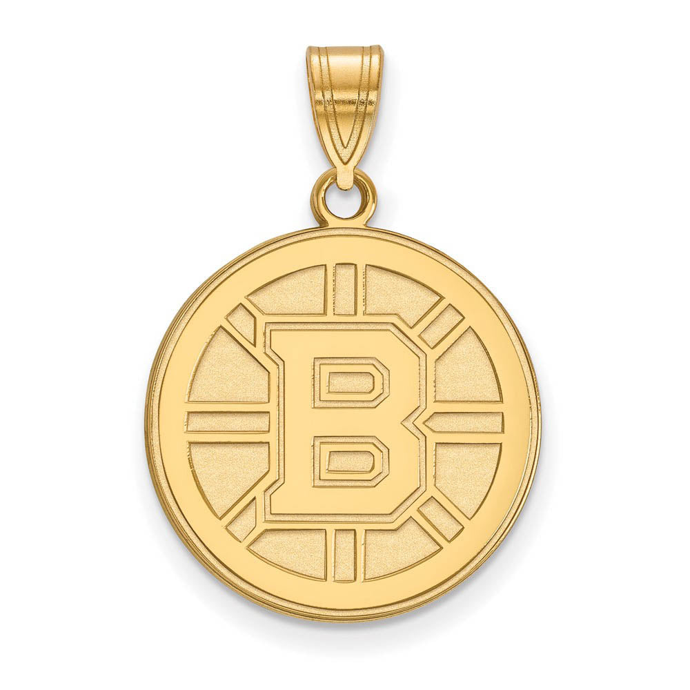 SS 14k Yellow Gold Plated NHL Boston Bruins Large Disc Pendant, Item P30135 by The Black Bow Jewelry Co.