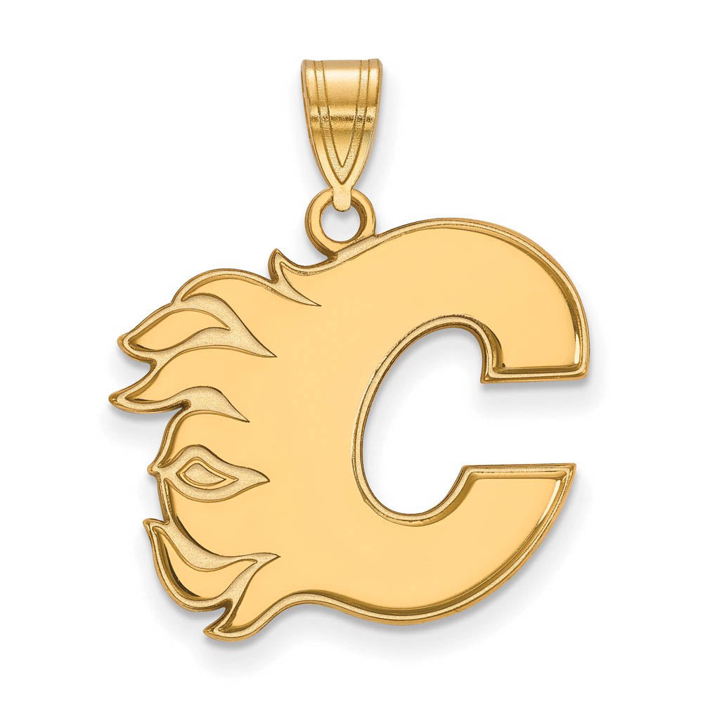 SS 14k Yellow Gold Plated NHL Calgary Flames Large Pendant, Item P30139 by The Black Bow Jewelry Co.