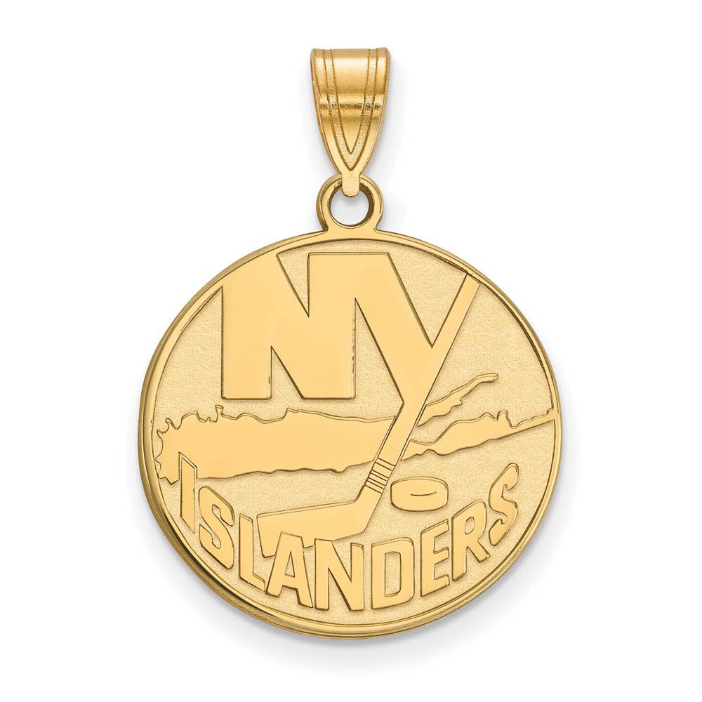 SS 14k Yellow Gold Plated NHL New York Islanders LG Disc Pendant, Item P30141 by The Black Bow Jewelry Co.