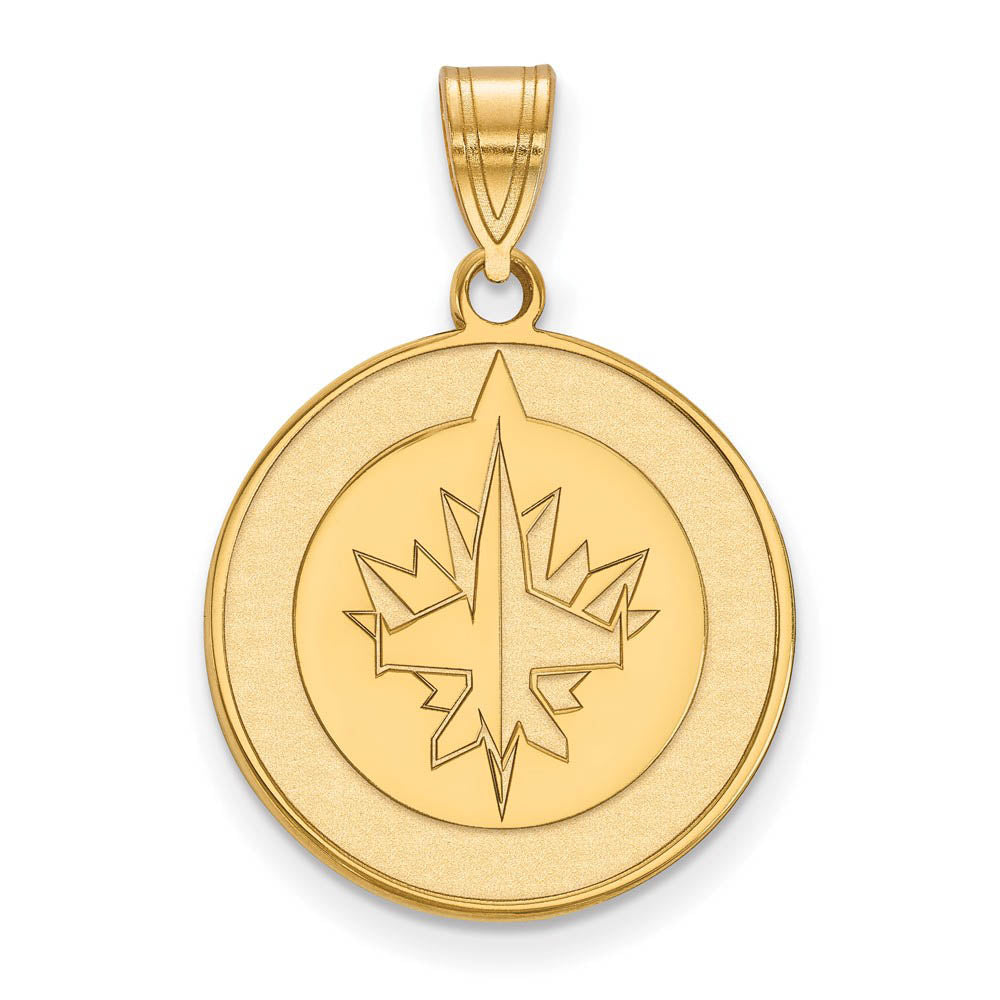 SS 14k Yellow Gold Plated NHL Winnipeg Jets Large Disc Pendant, Item P30142 by The Black Bow Jewelry Co.