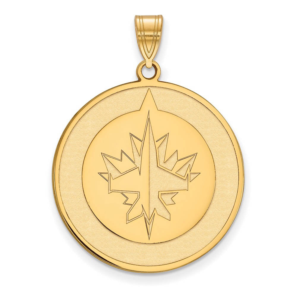 SS 14k Yellow Gold Plated NHL Winnipeg Jets XL Disc Pendant, Item P30167 by The Black Bow Jewelry Co.