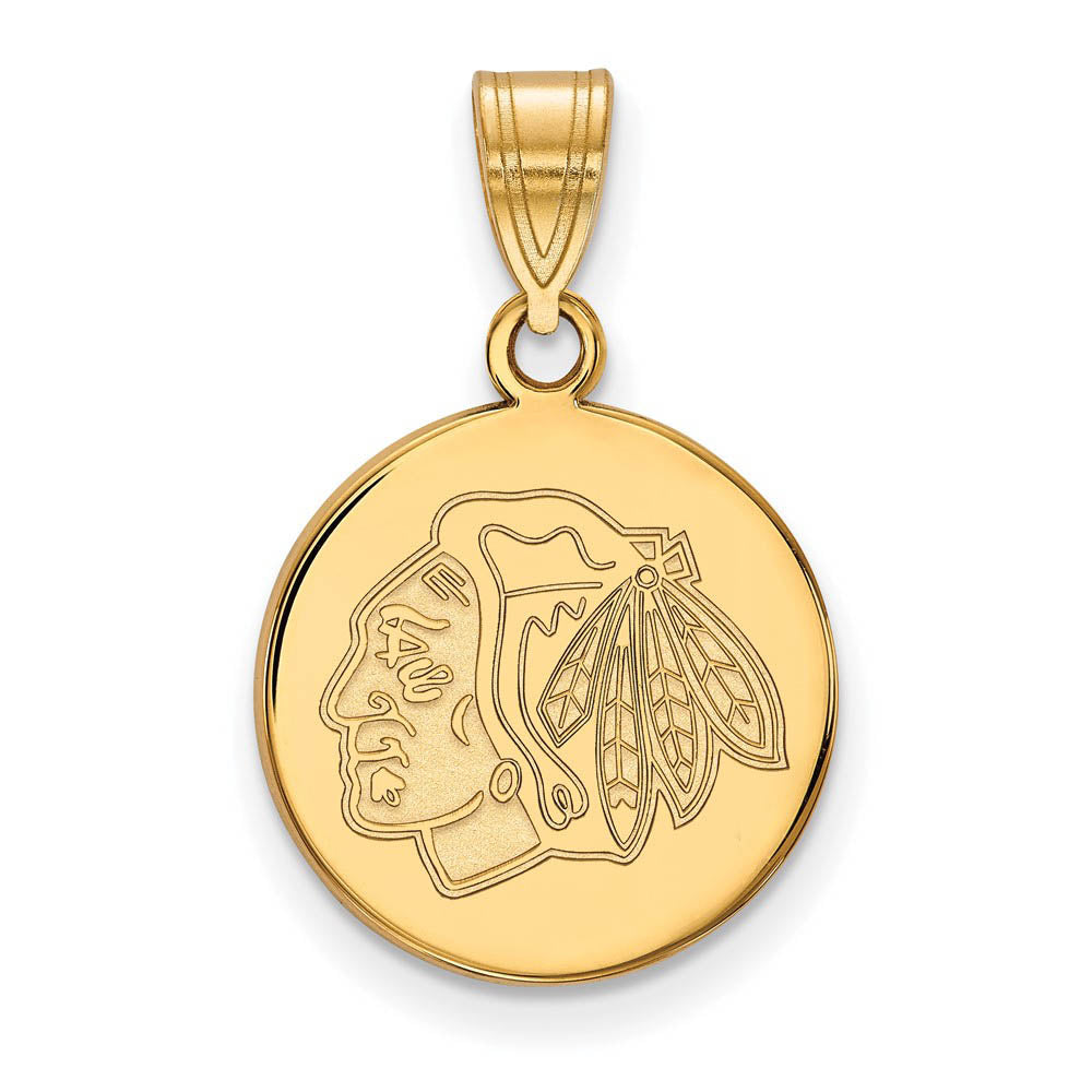 SS 14k Yellow Gold Plated NHL Chicago Blackhawks MD Disc Pendant, Item P30171 by The Black Bow Jewelry Co.