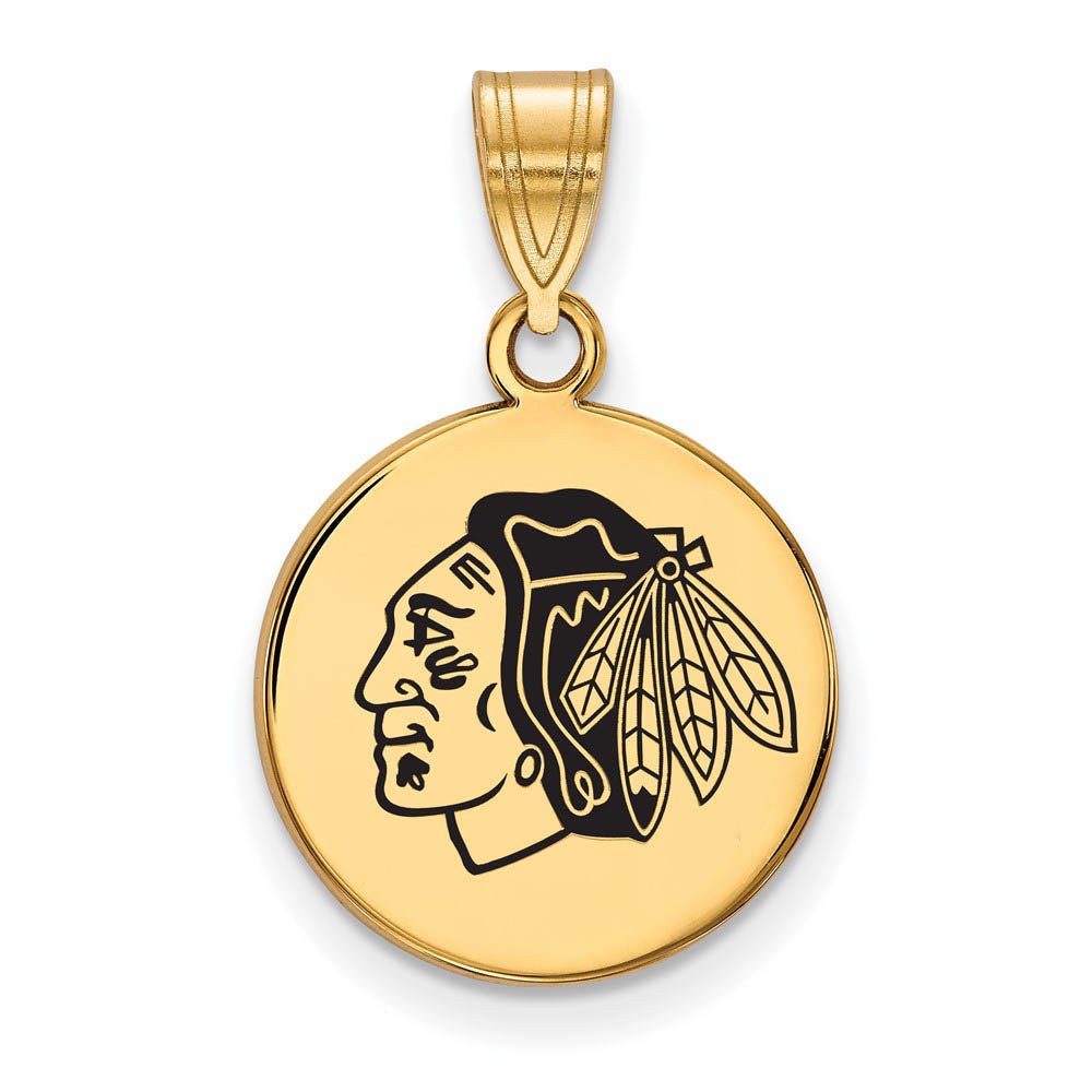 SS 14k Yellow Gold Plated NHL Blackhawks MD Enamel Disc Pendant, Item P30173 by The Black Bow Jewelry Co.