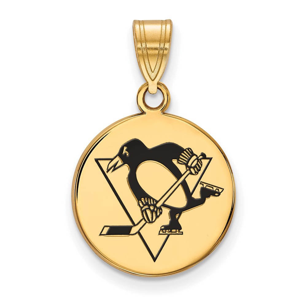 SS 14k Yellow Gold Plated NHL Pitts. Penguins MD Enamel Disc Pendant, Item P30174 by The Black Bow Jewelry Co.