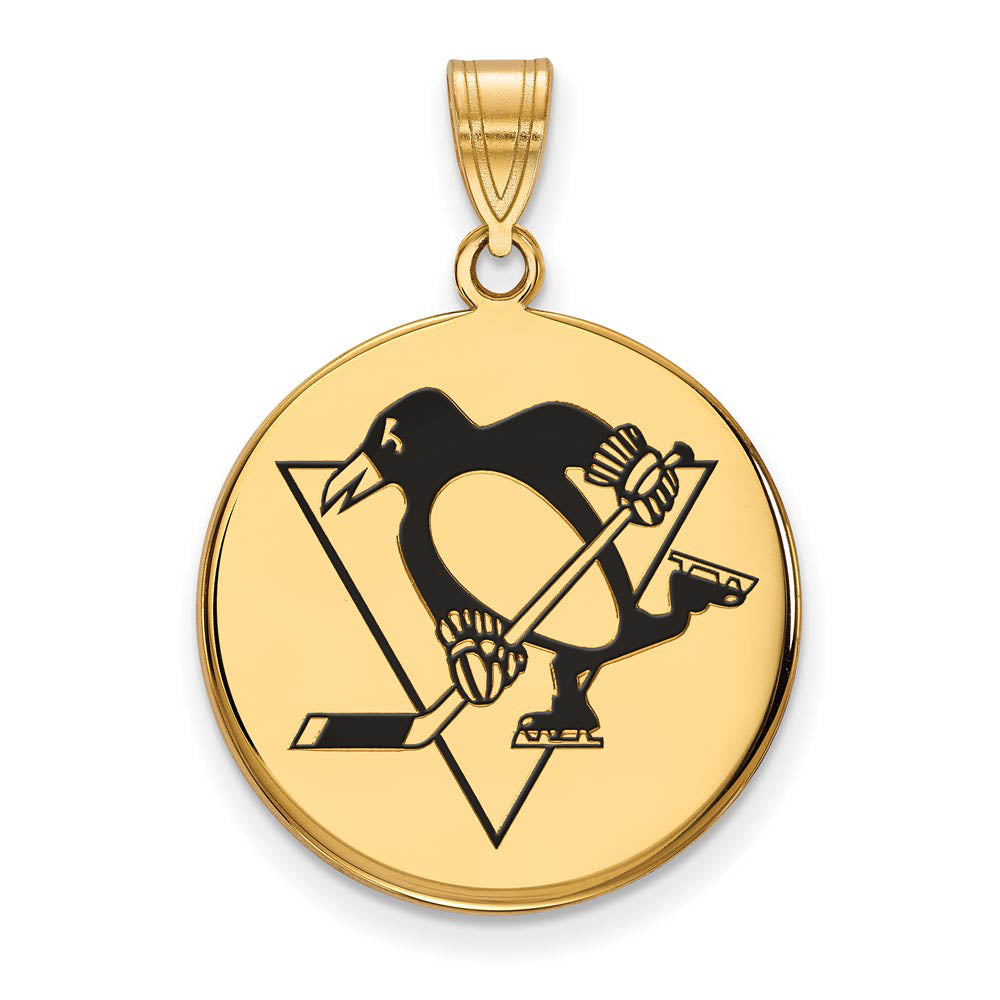 SS 14k Yellow Gold Plated NHL Pitts. Penguins LG Enamel Disc Pendant, Item P30185 by The Black Bow Jewelry Co.