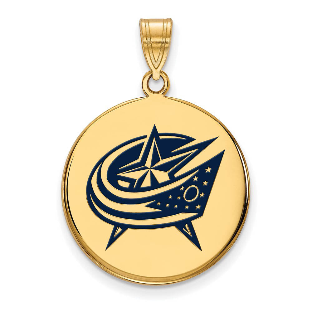 SS 14k Yellow Gold Plated NHL Blue Jackets LG Enamel Disc Pendant, Item P30188 by The Black Bow Jewelry Co.