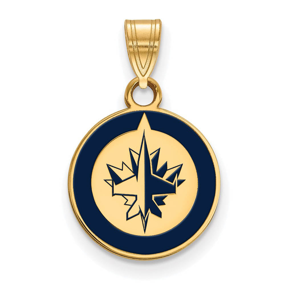 SS 14k Yellow Gold Plated NHL Winnipeg Jets SM Enamel Disc Pendant, Item P30193 by The Black Bow Jewelry Co.
