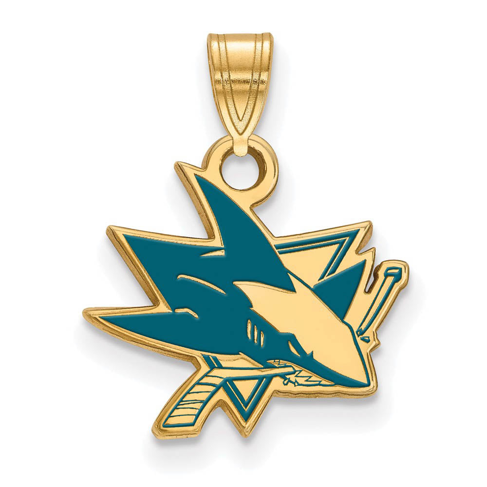 SS 14k Yellow Gold Plated NHL San Jose Sharks SM Enamel Pendant, Item P30201 by The Black Bow Jewelry Co.