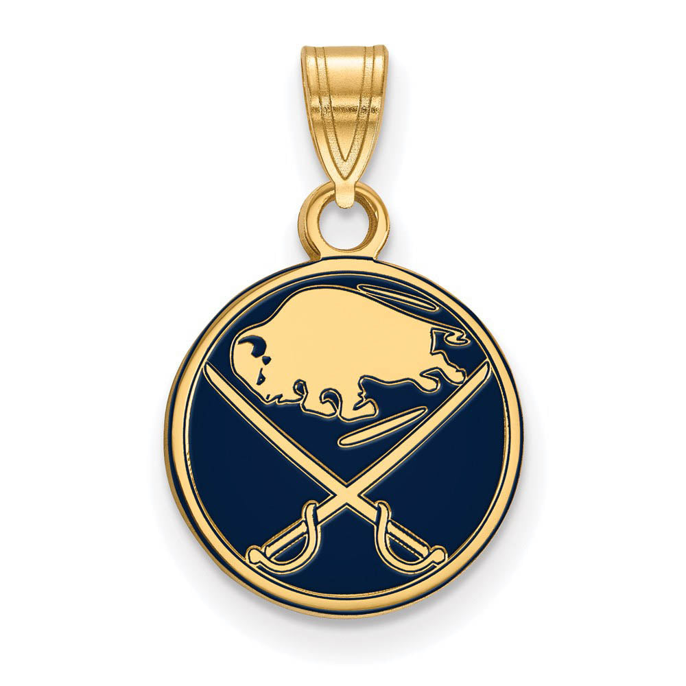 SS 14k Yellow Gold Plated NHL Buffalo Sabres SM Enamel Disc Pendant, Item P30212 by The Black Bow Jewelry Co.