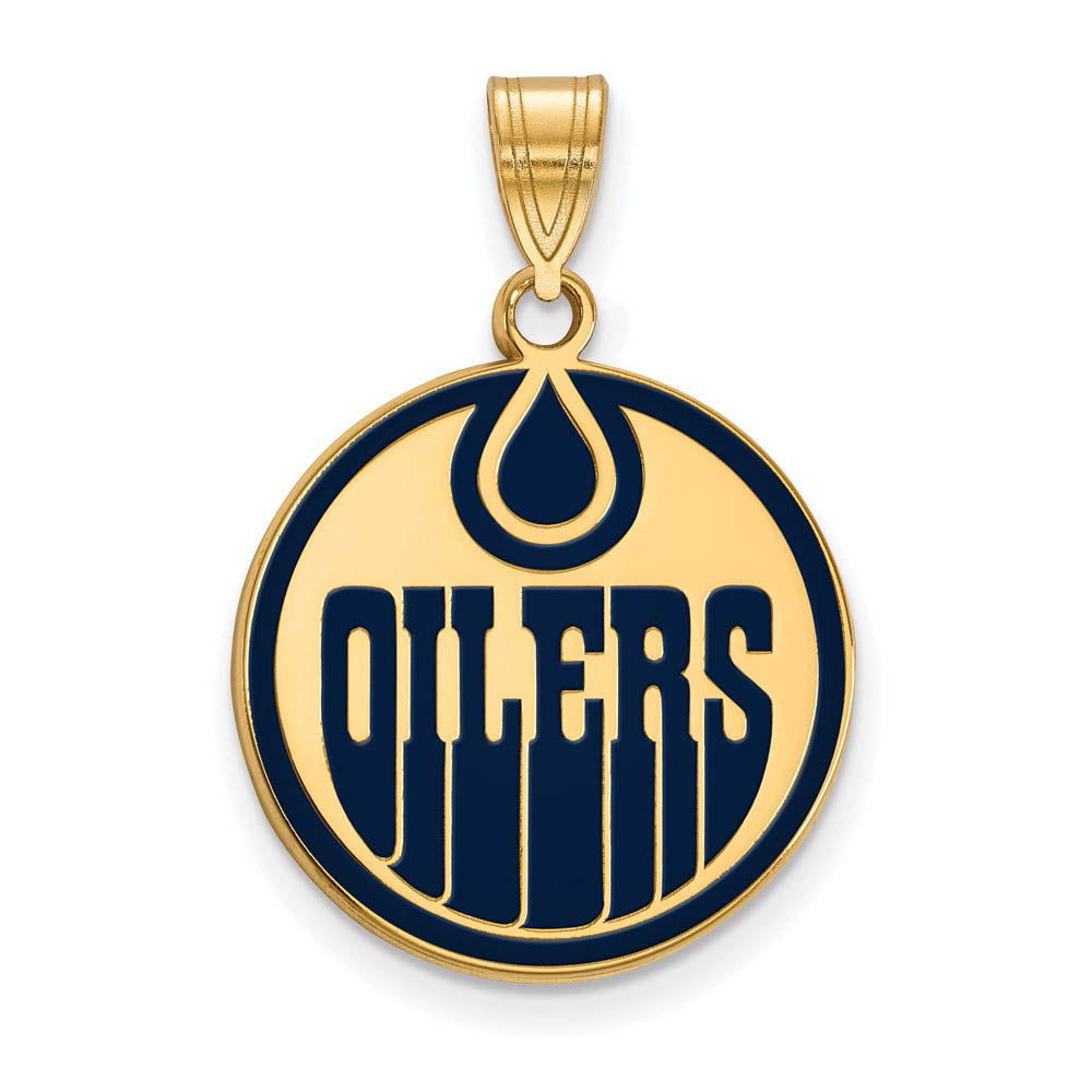 SS 14k Yellow Gold Plated NHL Edmonton Oilers LG Enamel Disc Pendant, Item P30220 by The Black Bow Jewelry Co.