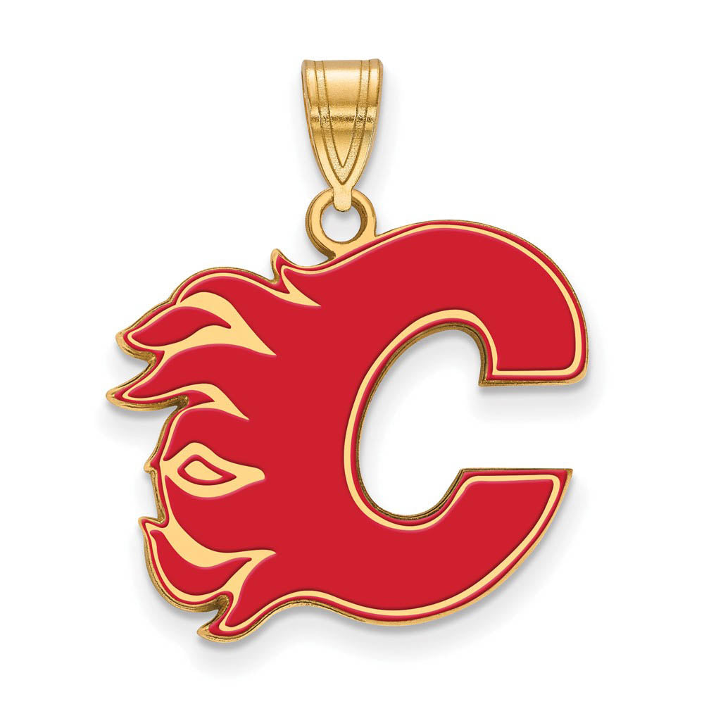 SS 14k Yellow Gold Plated NHL Calgary Flames LG Enamel Pendant, Item P30223 by The Black Bow Jewelry Co.